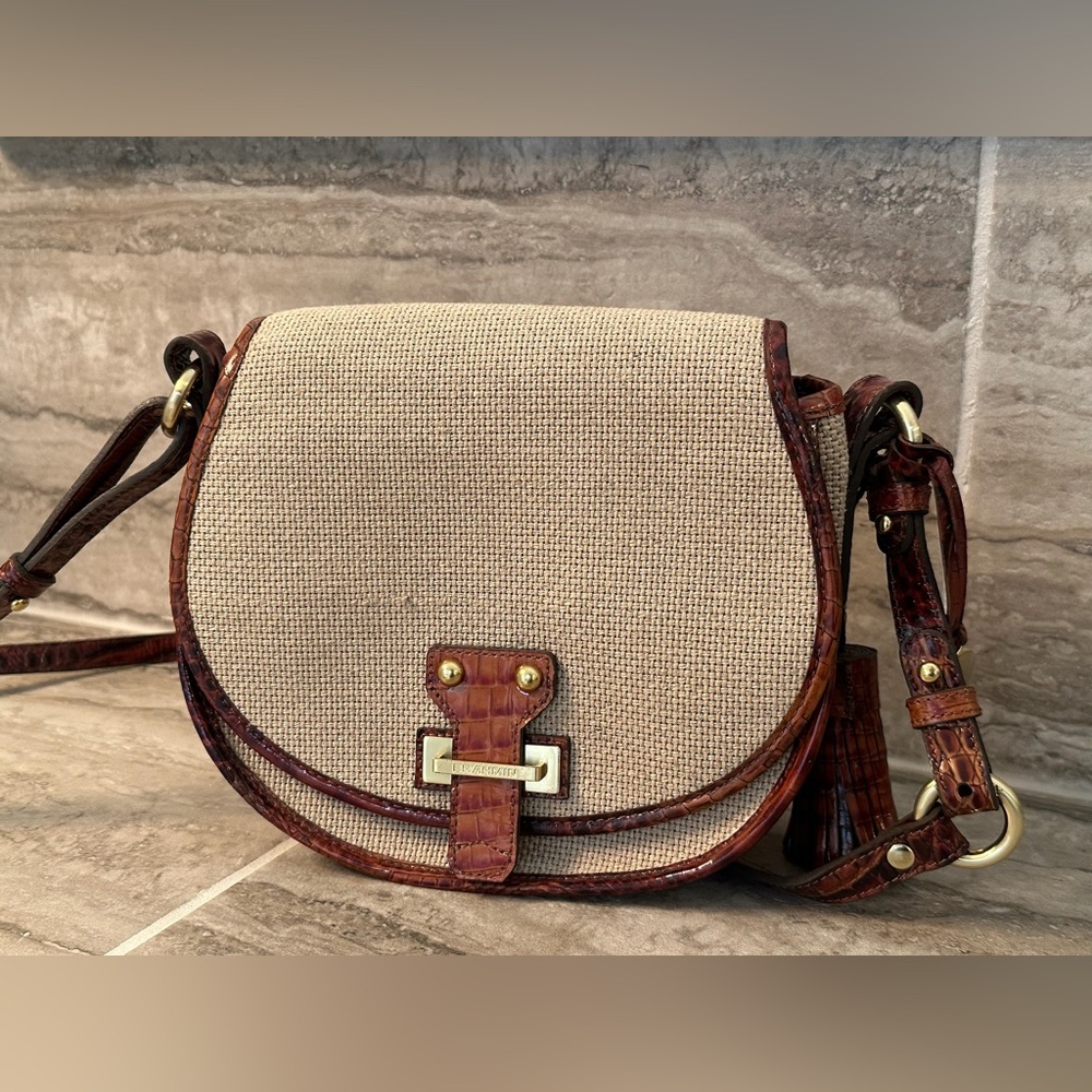 Brahmin canvas and leather crossbody bag